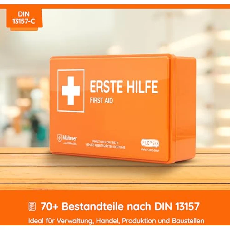 FLEXEO Erste-Hilfe-Koffer DIN 13157, Betriebsverbandkasten mit Wandhalterung, bruchsicher, orange – Bild 4
