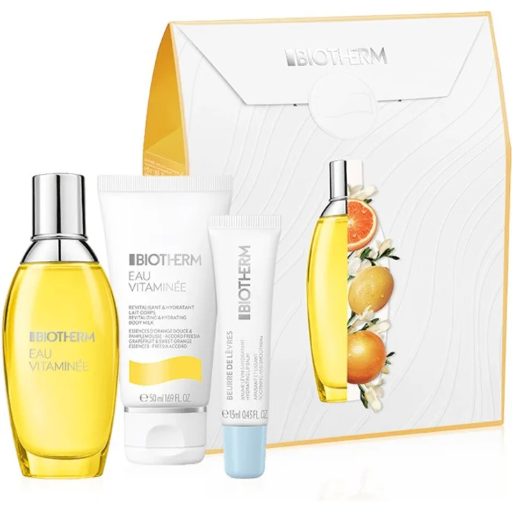 Biotherm Eau Viteminée Geschenkset für Damen, bestehend aus 50 ml Eau de Toilette, 50 ml parfümierter Bodylotion und 13 ml Lippenbalsam, feuchtigkeitsspendend und pflegend