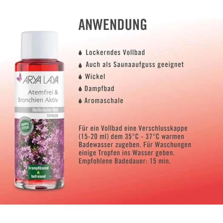 ARYA LAYA Heilkräuter-Bad Atemfrei & Bronchien Aktiv, 200 ml - Wellness-Badezusatz mit Thymian-Extrakt, krampflösend bei Husten, vegan – Bild 3