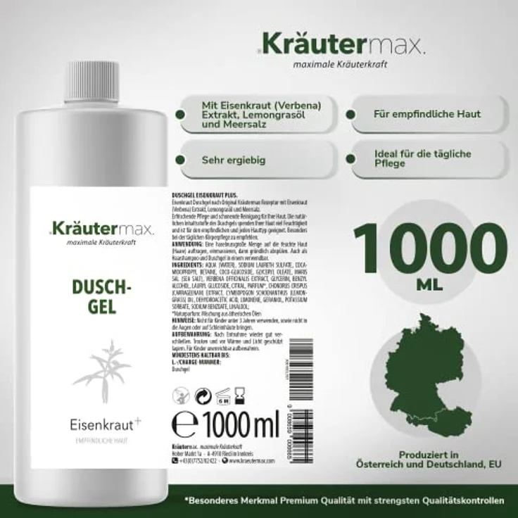 Kräutermax Eisenkraut Duschgel auch als Shampoo Seife Flüssig und Flüssigseife 1 x 1000 ml, mit natürlichen Zutaten und erfrischender Wirkung – Bild 4