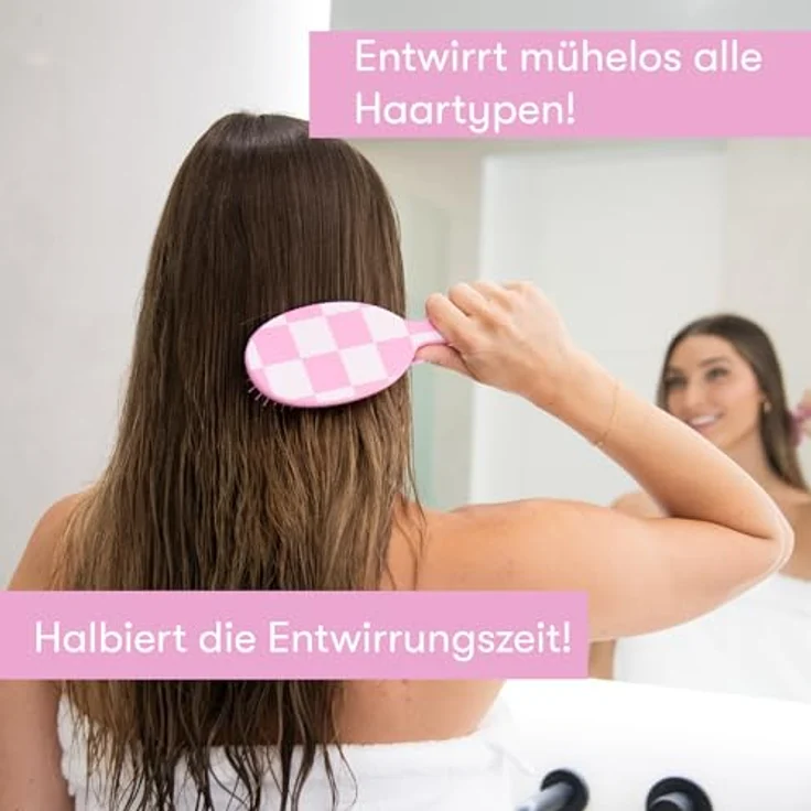 FRAMAR Entwirrbürste, Kariert Rosa, Haarbürste ohne Ziepen für alle Haartypen, zeitsparend und schmerzfrei – Bild 2
