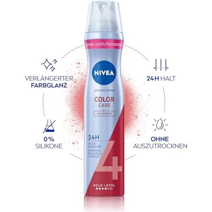 NIVEA Color Care Styling Spray, stärkendes Haarspray mit Panthenol & Vitamin B3, Haarlack für strahlenden Farbglanz & 24h Halt, veganes Pflegespray für gefärbte Haare, 250 ml – Bild 2