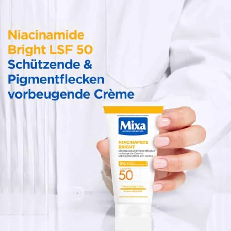 Mixa schützende & Pigmentflecken vorbeugende Creme LSF 50, Hypoallergen, für trockene Haut, Niacinamide Bright, 50 ml – Bild 2
