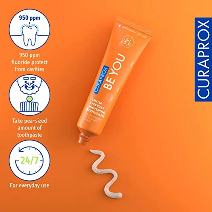 Curaprox Be You Pfirsich Whitening-Zahnpasta mit Geschmack von Pfirsich und Aprikose, mit Menthol, vegan, 950 ppm Fluorid, RDA 50, orange, 60 ml – Bild 5