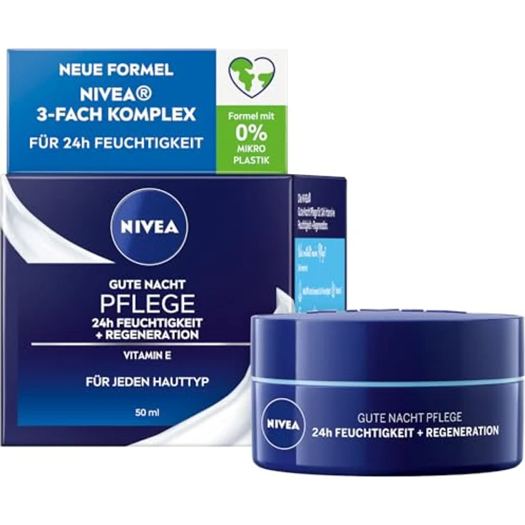NIVEA Gute Nacht Pflege 24h Feuchtigkeit + Regeneration (50 ml), leichte Nachtpflege für intensive Feuchtigkeit, Nachtcreme mit Vitamin E, Provitamin B5 und Wasserlilienextrakt, Gesichtscreme mit veganer Formel, 0% Mikroplastik, recyclebarer Tiegel – Bild 1