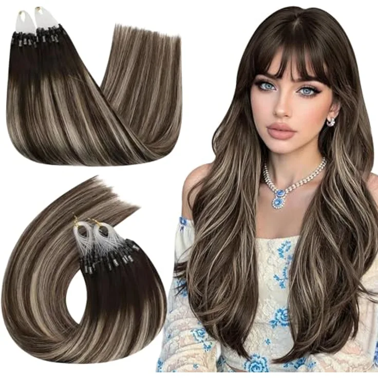 Ugeat Micro Ring Extensions Echthaar 35 cm, Aschblond Balayage Dunkelbraun Ombre, 50 Strähnen, 50g Remy Microring Glatt