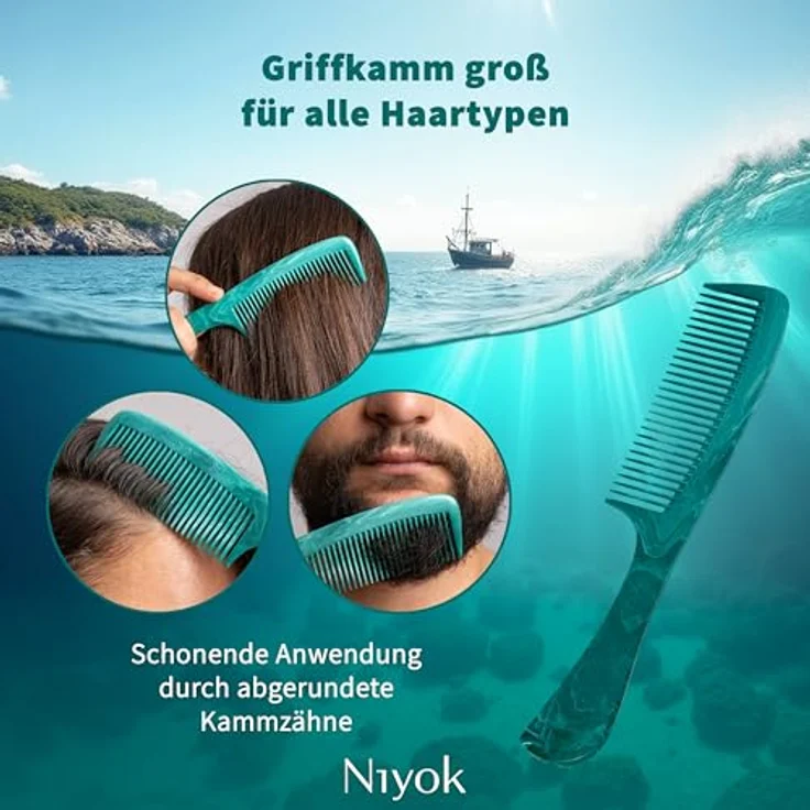 Niyok Haarkamm mit Griff, 99% aus recycelten maritimen Seilen, sanft zu Haar und Kopfhaut, Made in Germany – Bild 3
