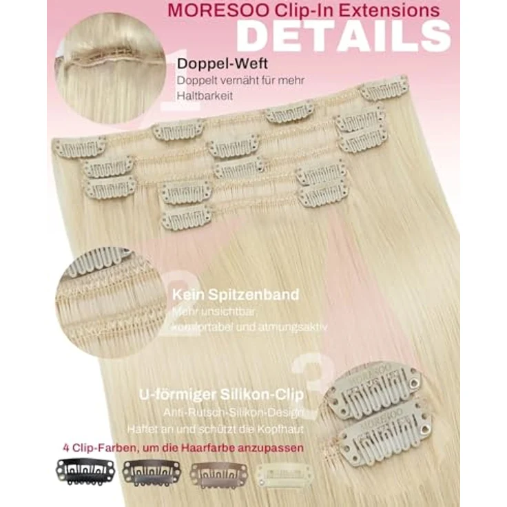Moresoo Clip in Extensions Echthaar, 80g Platinblond, 25 cm, 5 Stück, langlebig und leicht zu tragen – Bild 4