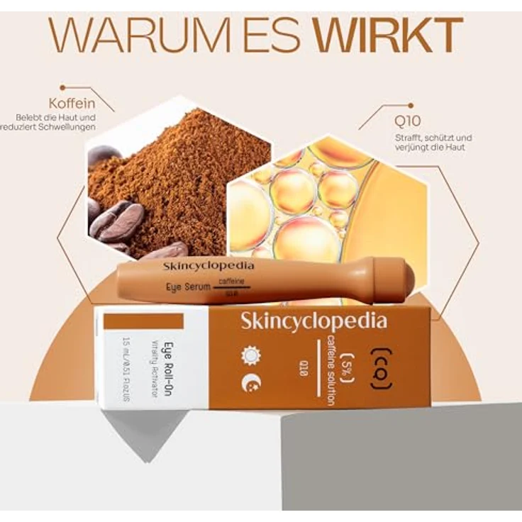 Skincyclopedia Koffein Augen Roll On, kühlendes Augenserum mit Q10 und Hyaluronsäure, gegen dunkle Augenringe und Tränensäcke, 15ml – Bild 3