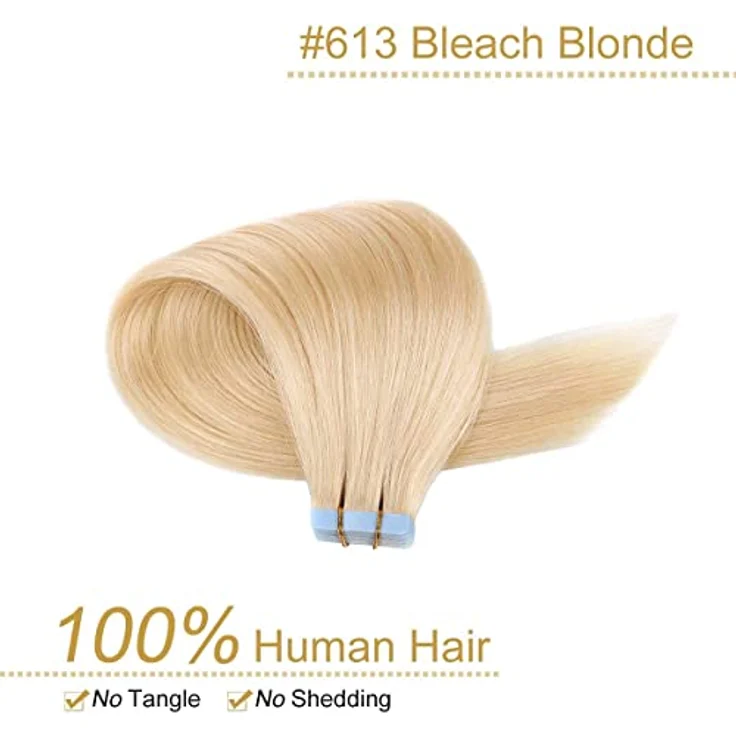 YILITE Tape Extensions Echthaar, Bleichblond #613, 50cm, 20 Stück Packung, seidig, einfach zu installieren, 100% Remy Echthaar. – Bild 2