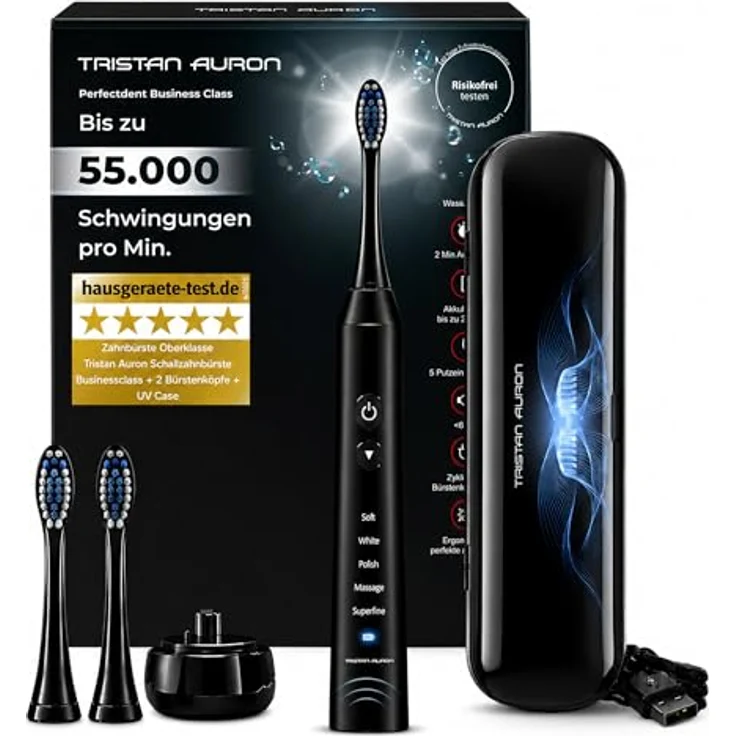 Tristan Auron Schallzahnbürste Business Class - Schallzahnbürste mit UV-Case & 2 Aufsätzen – Sonic Technologie – 60 Tage Akkulaufzeit – Ideal für Reisen & tägliche Anwendung (Schwarz) – Bild 2