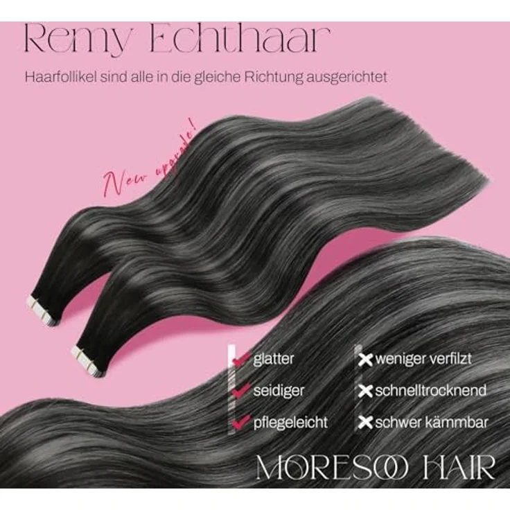Moresoo Tape in Extensions Echthaar, Invisible Tape Blayage Schwarz Silber, Remy Haarverlängerung 45cm 50g #1B/S/1B – Bild 2