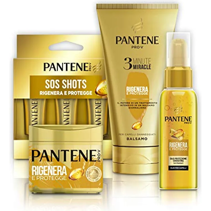 Pantene Gold-Set: Balsam 3 Minuten Miracle regeneriert & schützt (4 x 150 ml), Keratin-Schutzmaske regeneriert & schützt (4 x 300 ml), Ampullen Sos Shots (6 x 15 ml), Öl regeneriert & schützt (2 x 100