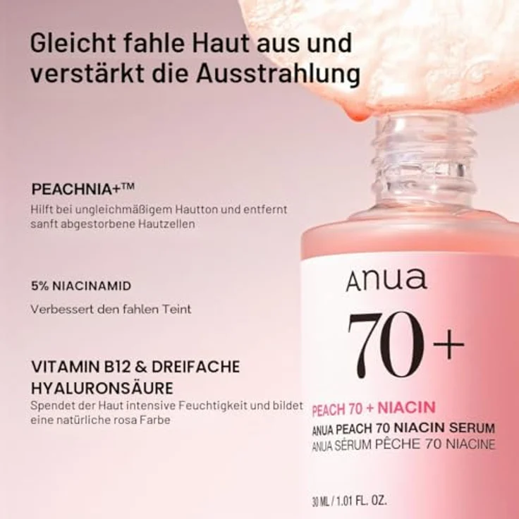 Anua Peach 70% Niacin Serum, hydratisierendes Gesichtsserum mit Poren- und Faltenverfeinerung, 30 ml – Bild 4