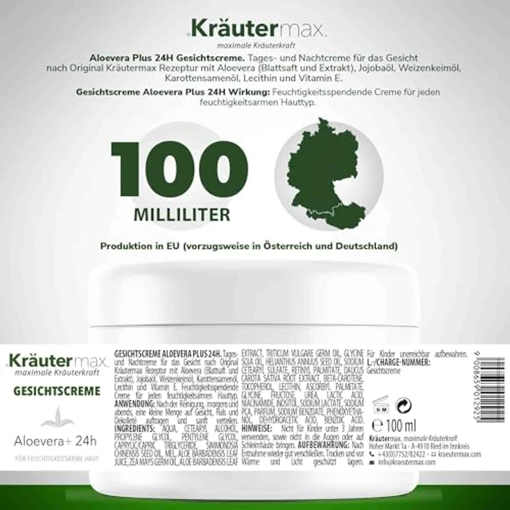 Kräutermax Aloe Vera Gesichtscreme für feuchtigkeitsarme Haut, 100 ml, intensive Feuchtigkeitspflege mit natürlichen Inhaltsstoffen – Bild 2