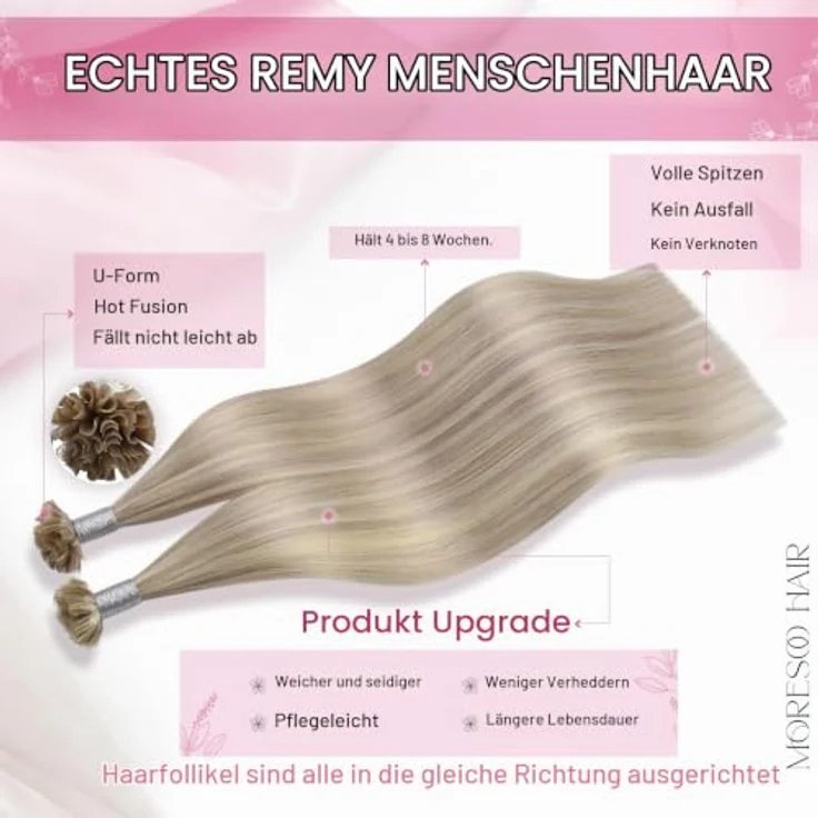 Moresoo U Tip Haarverlängerung, 45 cm Echthaar Extensions in Aschblond mit Keratin Bondings, 50g – Bild 2