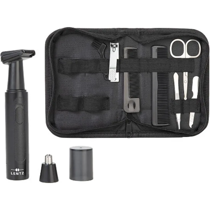 Lentz Reise-Set mit Etui, 9-teiliges Trimmer & Pflege Set für unterwegs mit Nasen- & Ohrentrimmer, Detailtrimmer, Schere, Pinzette und mehr
