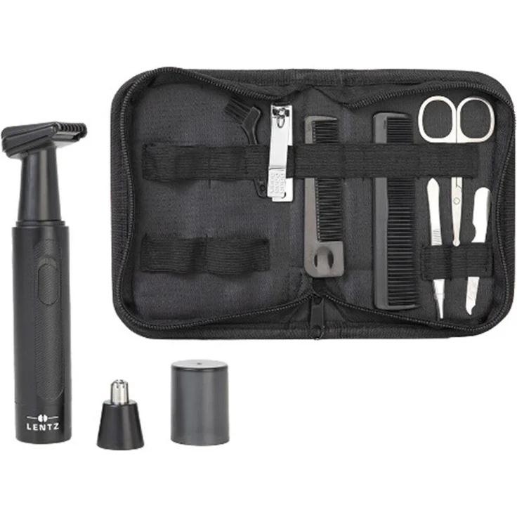 Lentz Reise-Set mit Etui, 9-teiliges Trimmer & Pflege Set für unterwegs mit Nasen- & Ohrentrimmer, Detailtrimmer, Schere, Pinzette und mehr