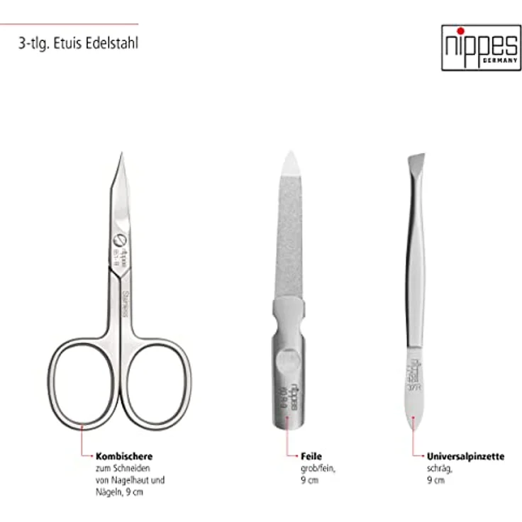 Nippes Whiskey Taschen-Maniküre-Set braun, inkl. Kombinierte Haut- und Nagelschere, Saphirfeile & Pinzette, aus rostfreiem Stahl, Rindleder-Etui – Bild 5
