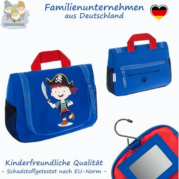 GRINSEZWERGE Kinder Kulturtasche, Reise Kulturbeutel zum Aufhängen mit großem Hauptfach, 4 Netztaschen, abnehmbarem Spiegel und stabilen Metallhaken, Premium Qualität, ideal als Geschenk für Mädchen und Jungen – Bild 4