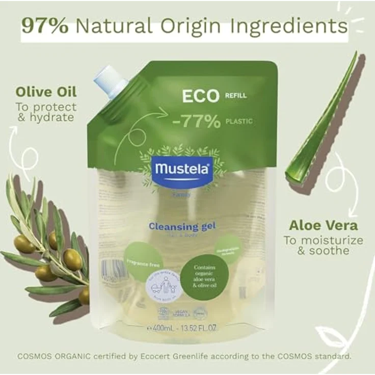 Mustela Bio Gel Shampoo Refill, 400 ml, sanfte Reinigung für Kinderhaut, vegane Formel, 97% natürliche Inhaltsstoffe – Bild 3