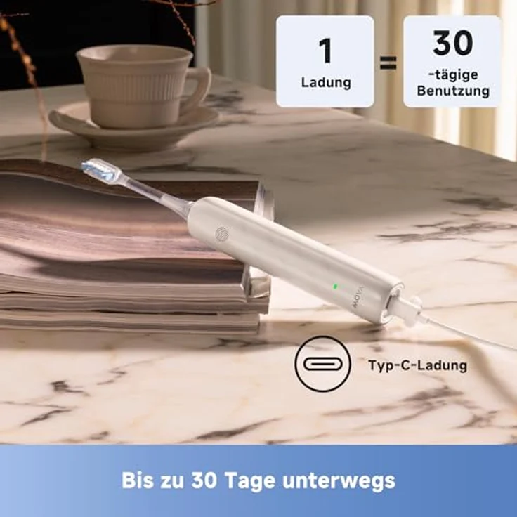 Mova Fresh SweepDrive elektrische Zahnbürste, wiederaufladbar mit Typ-C-Ladung, intuitivem Drucksensor und 3-in-1-Ersatzbürstenkopf, weiß – Bild 2