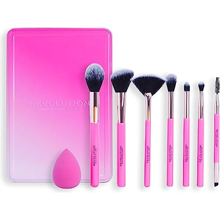 MakeUp Revolution The Brush Edit Geschenkset - 7 Pinsel für Augen, Highlighter & Gesicht, 1 Schwamm zum Verblenden, 8 Produkte inklusive - Hot Pink Ombre Dose