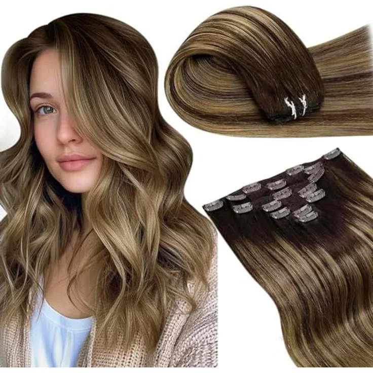 LaaVoo Clip in Echthaar Extensions, 55cm Haarverlängerung mit Balayage Dunkelbraun zu Karamellblond, 120g, 7pcs – Bild 1