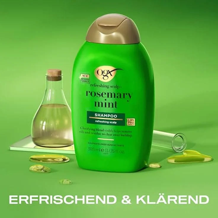 OGX Rosemary Mint Shampoo, klärendes Haarshampoo für alle Haartypen, 385 ml, entfernt Öle und Rückstände, speziell für fettiges Haar – Bild 2