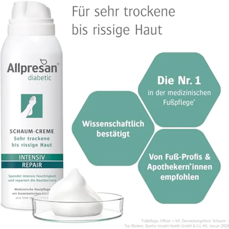 Allpresan diabetic INTENSIV + REPAIR mit Urea Schaum-Creme - bei Diabetes mellitus - für sehr trockene bis rissige Fußhaut - 125ml, pflegende Schaum-Creme zur intensive Feuchtigkeitsversorgung – Bild 3