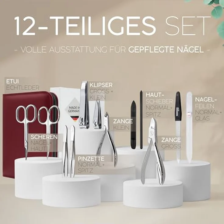 marQus Solingen Maniküre-Pediküre Set 12-teilig, Echtleder Etui rot, Komplett Kit für Hand- und Fußpflege mit Glasfeile und scharfen Scheren – Bild 3