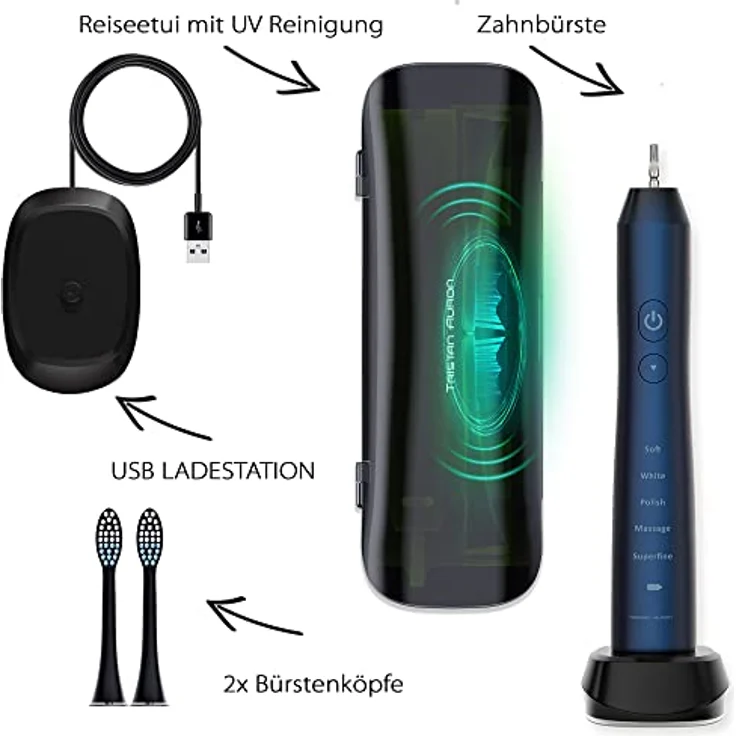 Tristan Auron Schallzahnbürste Business Class – Kompakte Schallzahnbürste mit UV-Box & 2 Bürstenköpfen – leise & wasserfest – für Reisen, Büro oder zuhause (Blau) – Bild 6