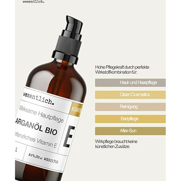 wesentlich. BIO Arganöl mit Vitamin E, kaltgepresst, 100ml | Haut-, Haar- & Anti-Aging-Pflege | Glasflasche mit Pumpspender – Bild 4