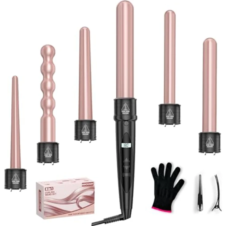 NWOUIIAY 6 in 1 LCD Lockenstab Set, Keramische Beschichtung, Temperatur einstellbar, mit Handschuhen, für große und kleine Locken – Bild 1