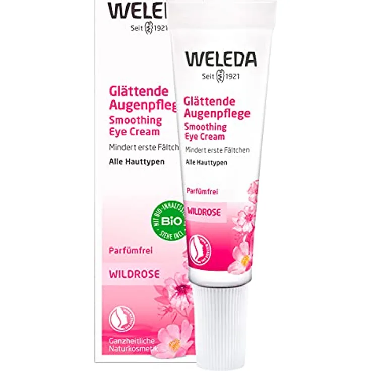 WELEDA Bio Wildrose Glättende Augenpflege, Naturkosmetik Augencreme gegen Falten, Augenringe und Hautalterung im Gesicht für Männer und Frauen (1 x 10 ml)