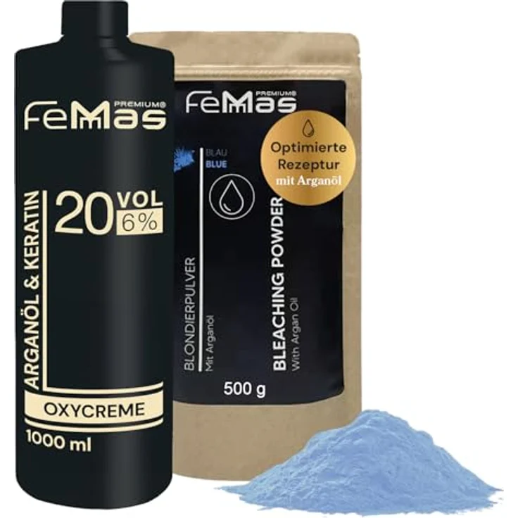 FemMas Blondierungspulver Set 500g & Entwickler 6% 1L, staubfrei, mit Arganöl, für gleichmäßige Blondierung bis zu 7 Tonstufen in Salonqualität – Bild 1
