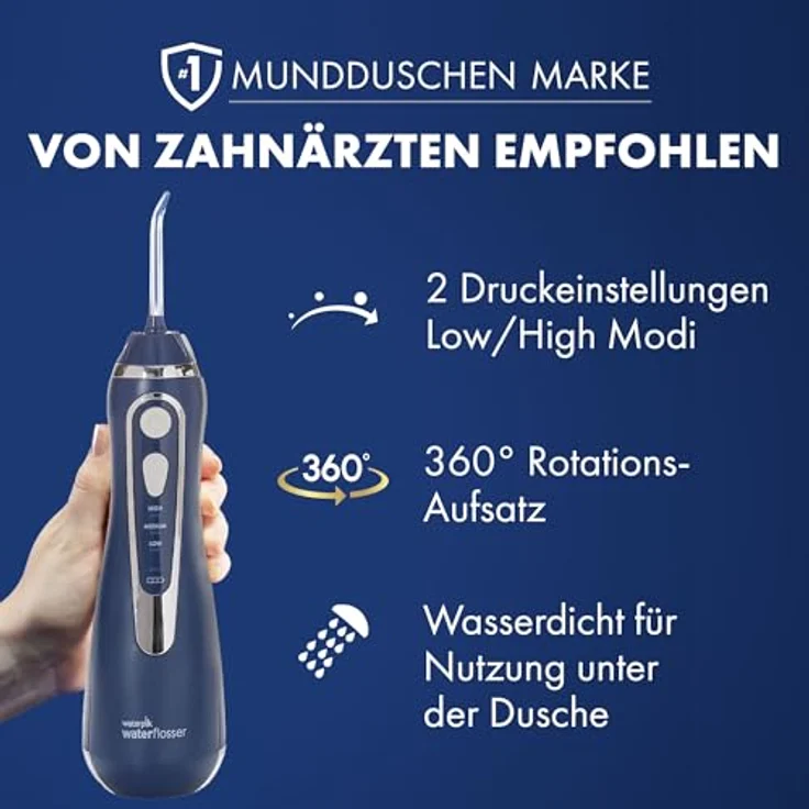 Waterpik Munddusche Cordless Advanced WP-563, kabellos mit pulsierendem Wasserstrahl, 3 Druckstufen, wasserdicht, inklusive 4 Aufsätzen, Induktionsladesystem – Bild 7