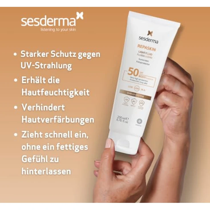 Sesderma Repaskin Light Fluid Körper-Sonnenschutz SFP50, 200 ml mit fortschrittlichem SHIELD SYSTEM und reparierenden Enzymen – Bild 5