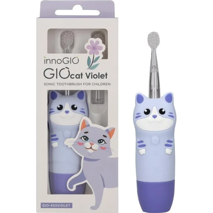 innoGIO GIOcat Violet, Elektronische Schallzahnbürste für Kinder, sanfte Zahnreinigung und lustiges Design