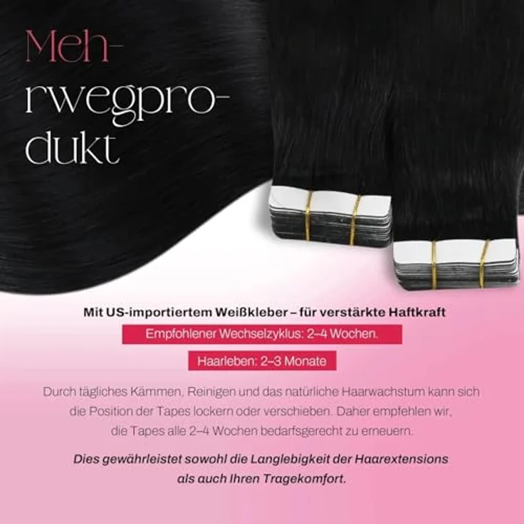 Moresoo Tape In Extensions Echthaar, Tiefschwarz, nahtlos, 35 cm, 20 Stück, 40 g, seidig glatt, Remy, voluminös für Hochzeit und Party – Bild 3