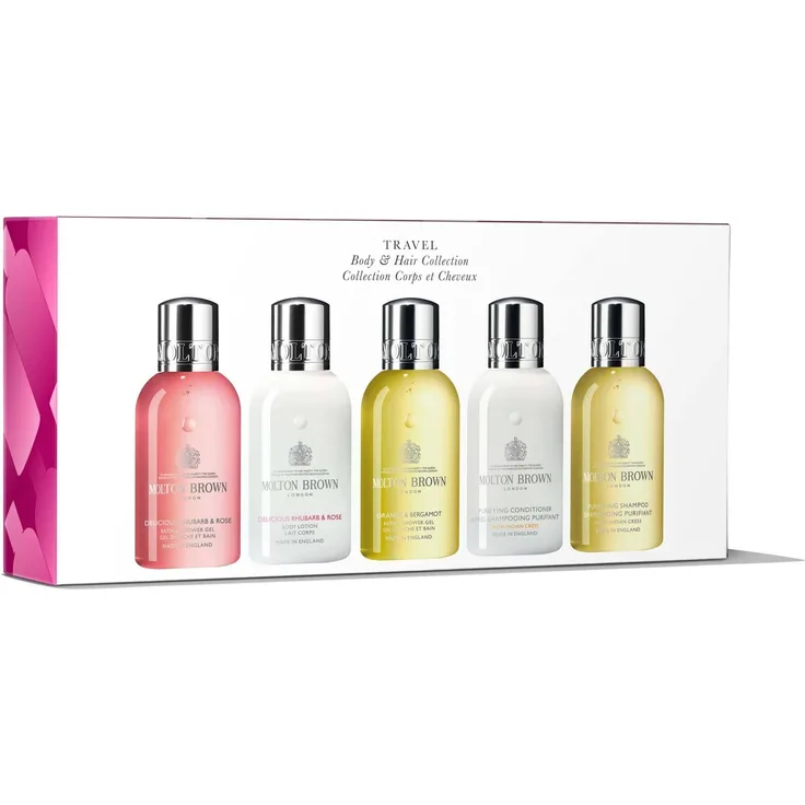 Molton Brown Body and Hair Collection SG, Reisegrößen Set mit 5x100 ml Shampoo & Conditioner, inkl. Delicious Rhubarb & Rose und Orange & Bergamot