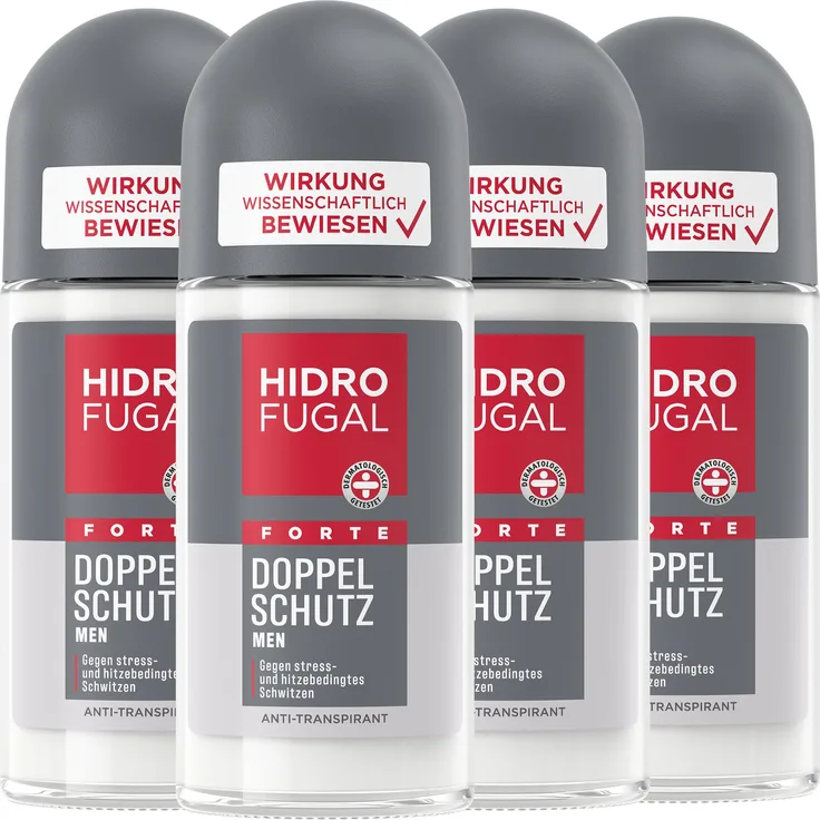 Beiersdorf HIDROFUGAL MEN FORTE DOPPEL SCHUTZ, Roll-On mit 2-fach Anti-Transpirant-Schutz, 4 x 50ml, antibakteriell, alkoholfrei