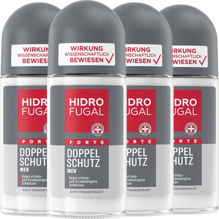 Beiersdorf HIDROFUGAL MEN FORTE DOPPEL SCHUTZ, Roll-On mit 2-fach Anti-Transpirant-Schutz, 4 x 50ml, antibakteriell, alkoholfrei
