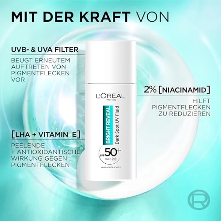 L'Oréal Paris UV Fluid mit Lichtschutzfaktor 50, Schützt die Haut vor UV-Strahlung, Beugt den ersten Anzeichen der Hautalterung vor, Mit Vitamin C und E, Bright Reveal UV Fluid, 50 ml – Bild 3