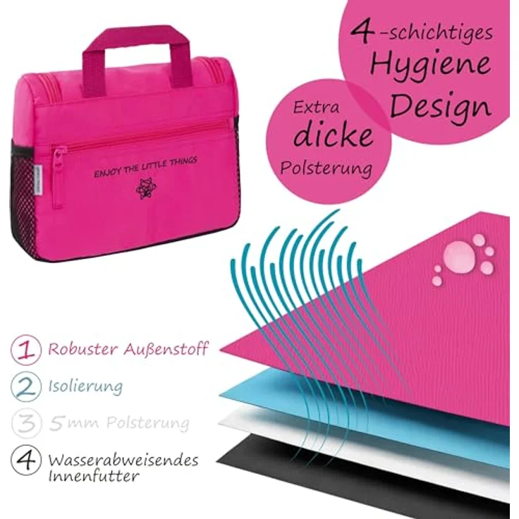 GRINSEZWERGE Kulturtasche für Kinder und Erwachsene, Reise Kulturbeutel mit 12 Motiven, große Kosmetiktasche zum Aufhängen, Waschbeutel mit 3 Reißverschlusstaschen und 4 Netztaschen, 25 x 20 x 8 cm – Bild 5