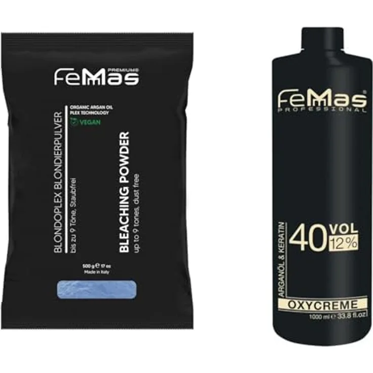FemMas Blondier-Set 12%, Blaues Blondierpulver 500g & Oxycreme Entwickler 1000ml, Aufhellung um bis zu 9 Tonstufen in Salon-Qualität