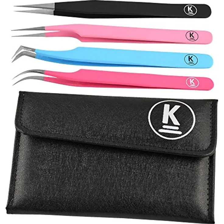 K-Pro Pinzetten Set für Wimpernverlängerung, falsche Wimpern & Kosmetik, im Etui