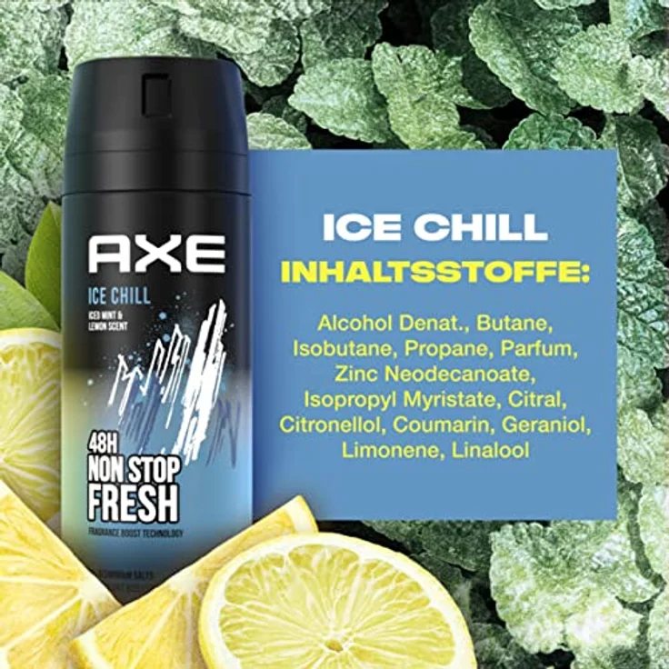 Axe Bodyspray Ice Chill, 6x 150 ml Dose, ohne Aluminiumsalze, frischer Duft nach frozen Mint & Lemon, 48 Stunden Frische – Bild 2