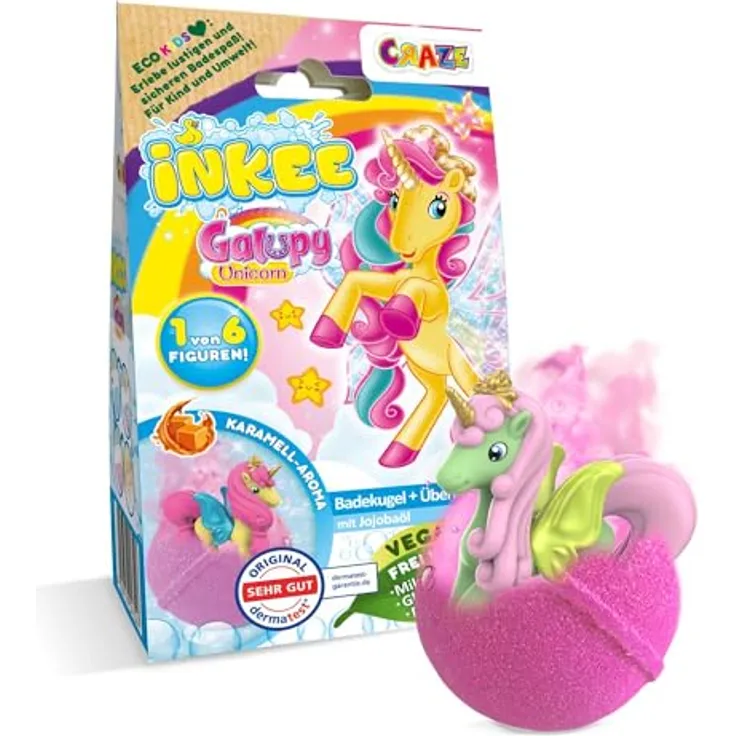 INKEE Surprise Galupy Unicorn, Einhorn Badebombe mit Karamellduft und Jojobaöl, 100g mit Überraschungsspielzeug