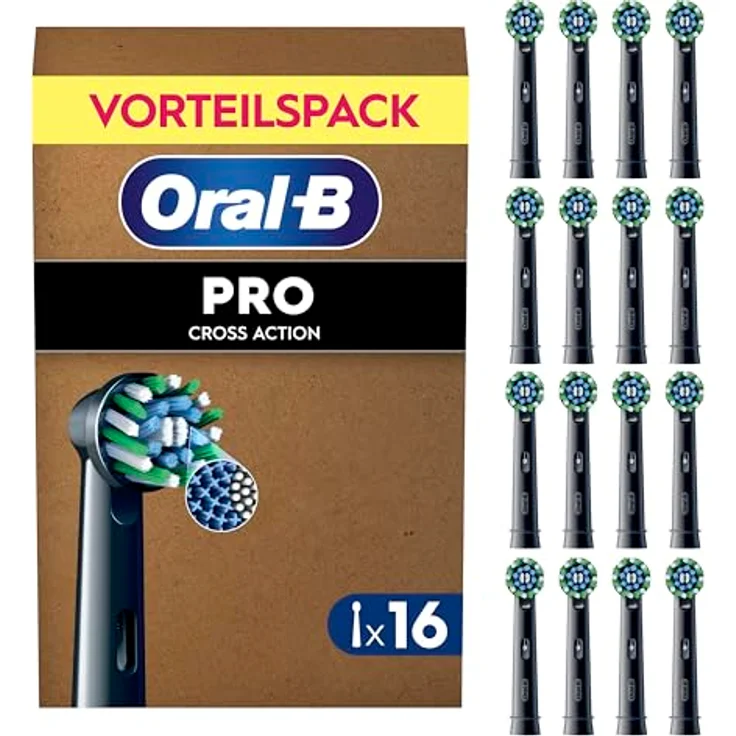 Oral-B Pro Cross Action Aufsteckbürsten, ORIGINAL Zahnbürstenaufsatz mit X-Borsten für überlegene Zahnreinigung, schwarz, 16 Stück – Bild 1